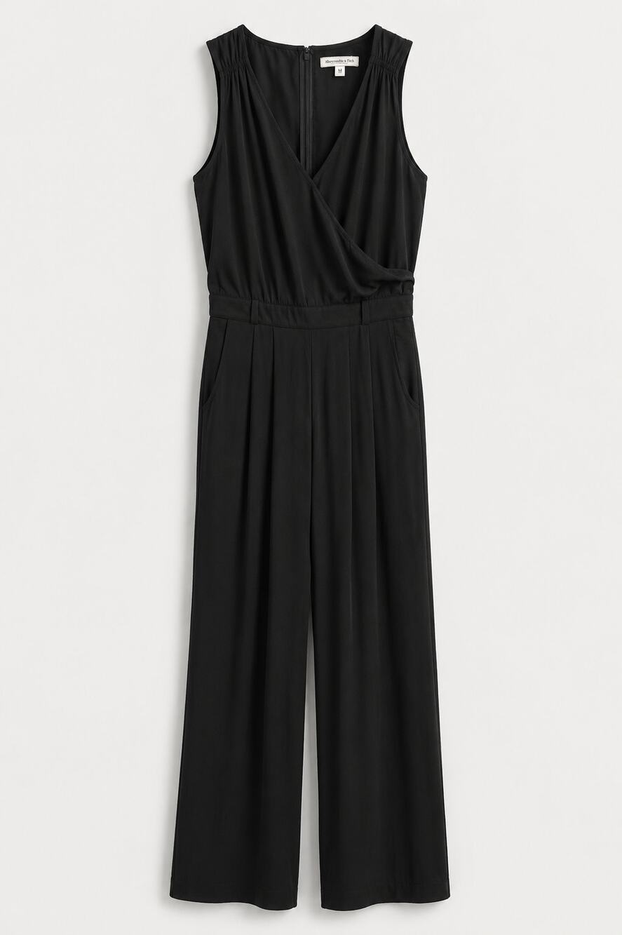 Abercrombie & Fitch Black Faux Wrap Sleeveless Jumpsuit Wide Leg Pockets Medium